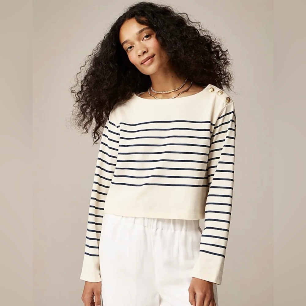 J. Crew Cream and Navy Striped Long Sleeve Boatneck Top with Button Shoulders